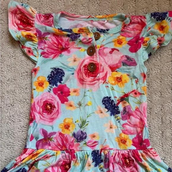 Posh Peanut Floral Ruffle Onesie - Pink, Yellow, Blue - Picture 2 of 3